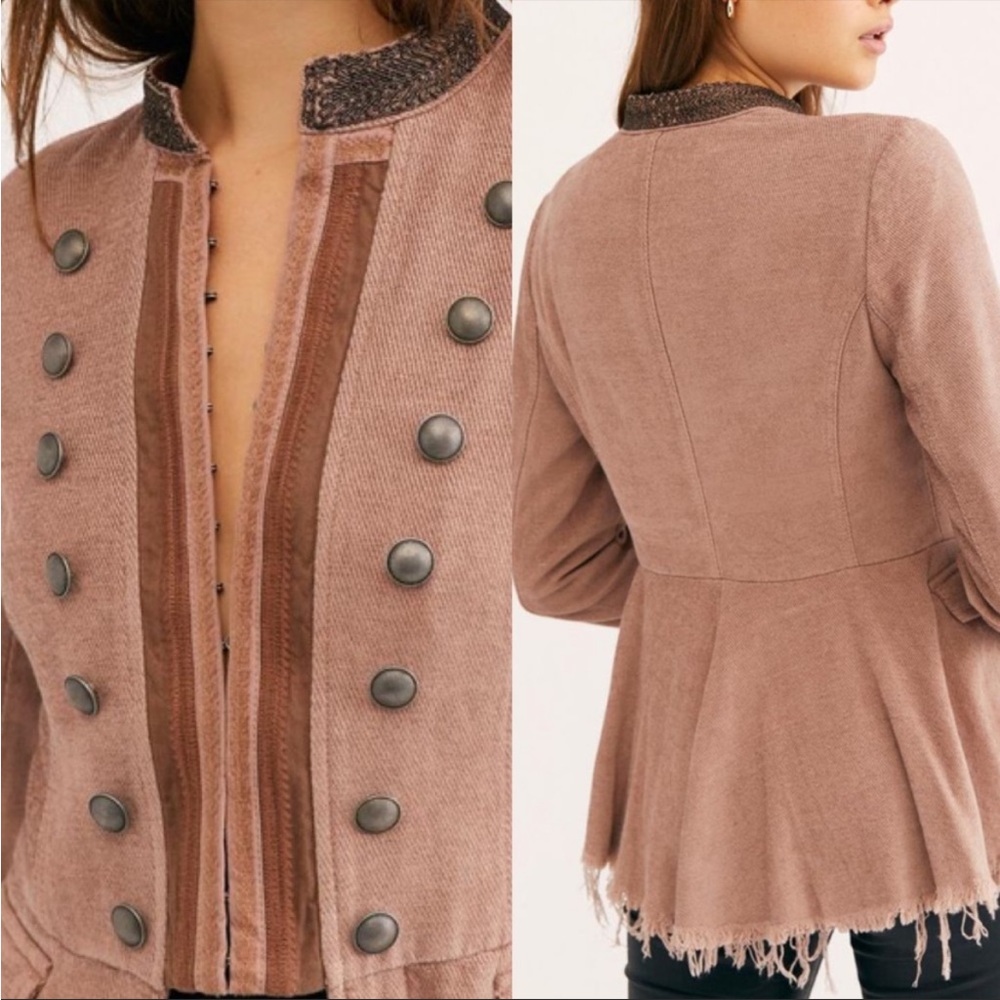 Free People Mauve Military-Style Frayed Hem Jacket - Picture 2 of 10